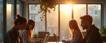In einem hell erleuchteten, modernen Coworking-Space sitzen mehrere junge Menschen konzentriert vor ihren Laptops, umgeben von warmem Tageslicht und freundlicher Atmosphäre, während sie angeregt in vertraulichem Austausch über digitale Innovation und die ethischen Herausforderungen moderner KI-Technologien stehen.