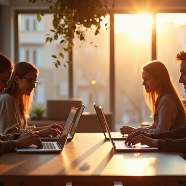 In einem hell erleuchteten, modernen Coworking-Space sitzen mehrere junge Menschen konzentriert vor ihren Laptops, umgeben von warmem Tageslicht und freundlicher Atmosphäre, während sie angeregt in vertraulichem Austausch über digitale Innovation und die ethischen Herausforderungen moderner KI-Technologien stehen.