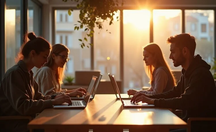 In einem hell erleuchteten, modernen Coworking-Space sitzen mehrere junge Menschen konzentriert vor ihren Laptops, umgeben von warmem Tageslicht und freundlicher Atmosphäre, während sie angeregt in vertraulichem Austausch über digitale Innovation und die ethischen Herausforderungen moderner KI-Technologien stehen.