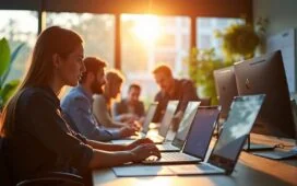 Ein modernes Entwicklerteam arbeitet in einem lichtdurchfluteten, freundlichen Büro an Laptops und Bildschirmen, die den Übergang von alter .NET-Technologie zu innovativen, zukunftsfähigen Softwarelösungen symbolisieren, während warme Sonnenstrahlen und natürliche Farben eine inspirierende und optimistische Atmosphäre schaffen.