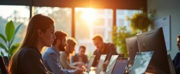 Ein modernes Entwicklerteam arbeitet in einem lichtdurchfluteten, freundlichen Büro an Laptops und Bildschirmen, die den Übergang von alter .NET-Technologie zu innovativen, zukunftsfähigen Softwarelösungen symbolisieren, während warme Sonnenstrahlen und natürliche Farben eine inspirierende und optimistische Atmosphäre schaffen.