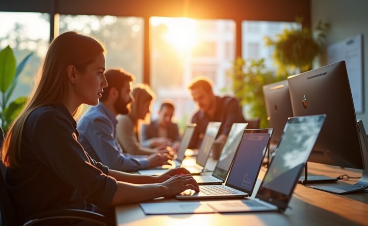 Ein modernes Entwicklerteam arbeitet in einem lichtdurchfluteten, freundlichen Büro an Laptops und Bildschirmen, die den Übergang von alter .NET-Technologie zu innovativen, zukunftsfähigen Softwarelösungen symbolisieren, während warme Sonnenstrahlen und natürliche Farben eine inspirierende und optimistische Atmosphäre schaffen.