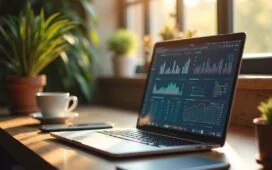 Ein hell erleuchteter, großzügig eingerichteter Arbeitsplatz mit offenem Laptop, auf dessen Bildschirm sanft strukturierte Notizen und Daten visualisiert sind, umgeben von warmem Tageslicht und persönlichen Gegenständen wie einer Tasse Kaffee und einer Pflanze, die eine Atmosphäre produktiver Intelligenz und behutsamer Mensch-Maschine-Zusammenarbeit in einem modernen Büro vermitteln.