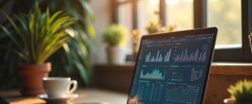 Ein hell erleuchteter, großzügig eingerichteter Arbeitsplatz mit offenem Laptop, auf dessen Bildschirm sanft strukturierte Notizen und Daten visualisiert sind, umgeben von warmem Tageslicht und persönlichen Gegenständen wie einer Tasse Kaffee und einer Pflanze, die eine Atmosphäre produktiver Intelligenz und behutsamer Mensch-Maschine-Zusammenarbeit in einem modernen Büro vermitteln.