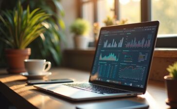 Ein hell erleuchteter, großzügig eingerichteter Arbeitsplatz mit offenem Laptop, auf dessen Bildschirm sanft strukturierte Notizen und Daten visualisiert sind, umgeben von warmem Tageslicht und persönlichen Gegenständen wie einer Tasse Kaffee und einer Pflanze, die eine Atmosphäre produktiver Intelligenz und behutsamer Mensch-Maschine-Zusammenarbeit in einem modernen Büro vermitteln.