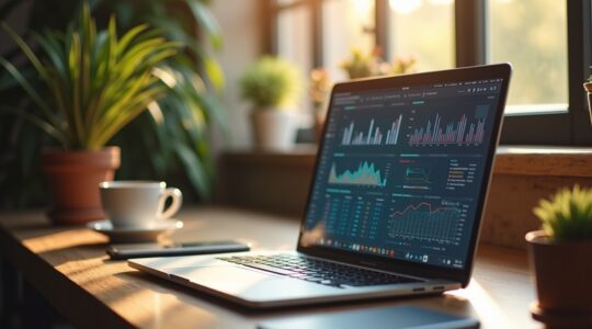 Ein hell erleuchteter, großzügig eingerichteter Arbeitsplatz mit offenem Laptop, auf dessen Bildschirm sanft strukturierte Notizen und Daten visualisiert sind, umgeben von warmem Tageslicht und persönlichen Gegenständen wie einer Tasse Kaffee und einer Pflanze, die eine Atmosphäre produktiver Intelligenz und behutsamer Mensch-Maschine-Zusammenarbeit in einem modernen Büro vermitteln.