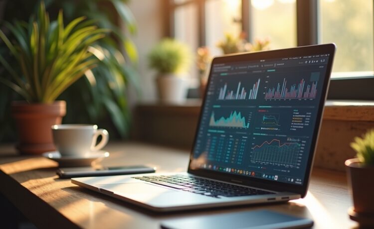 Ein hell erleuchteter, großzügig eingerichteter Arbeitsplatz mit offenem Laptop, auf dessen Bildschirm sanft strukturierte Notizen und Daten visualisiert sind, umgeben von warmem Tageslicht und persönlichen Gegenständen wie einer Tasse Kaffee und einer Pflanze, die eine Atmosphäre produktiver Intelligenz und behutsamer Mensch-Maschine-Zusammenarbeit in einem modernen Büro vermitteln.