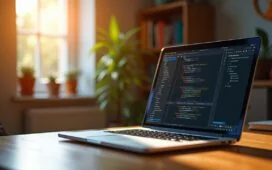 Ein hell erleuchteter, freundlicher Arbeitsplatz mit einem modernen Laptop, auf dessen Bildschirm ein ansprechender Code-Editor geöffnet ist, umgeben von warmem Tageslicht und dezenten persönlichen Gegenständen, die die kreative Atmosphäre eines leidenschaftlichen C#-Entwicklers vermitteln.