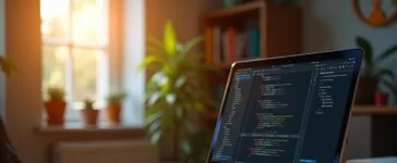 Ein hell erleuchteter, freundlicher Arbeitsplatz mit einem modernen Laptop, auf dessen Bildschirm ein ansprechender Code-Editor geöffnet ist, umgeben von warmem Tageslicht und dezenten persönlichen Gegenständen, die die kreative Atmosphäre eines leidenschaftlichen C#-Entwicklers vermitteln.