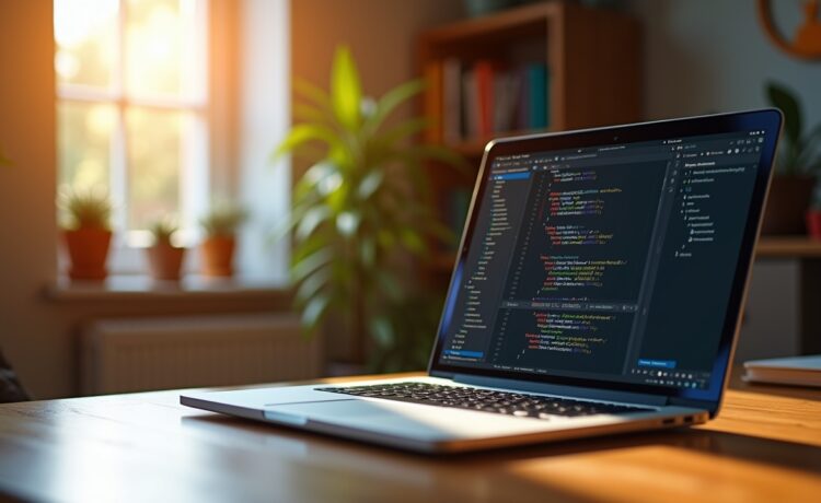 Ein hell erleuchteter, freundlicher Arbeitsplatz mit einem modernen Laptop, auf dessen Bildschirm ein ansprechender Code-Editor geöffnet ist, umgeben von warmem Tageslicht und dezenten persönlichen Gegenständen, die die kreative Atmosphäre eines leidenschaftlichen C#-Entwicklers vermitteln.