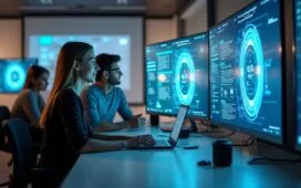 Ein modernes, lichtdurchflutetes Büro mit freundlichen Entwickler:innen in angeregtem Austausch vor großen Bildschirmen, die komplexe KI-Daten visualisieren, vermittelt Innovationsgeist und zukunftsweisende Technologie in einem warmen, einladenden Ambiente.