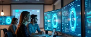 Ein modernes, lichtdurchflutetes Büro mit freundlichen Entwickler:innen in angeregtem Austausch vor großen Bildschirmen, die komplexe KI-Daten visualisieren, vermittelt Innovationsgeist und zukunftsweisende Technologie in einem warmen, einladenden Ambiente.