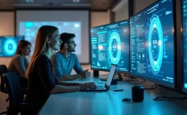 Ein modernes, lichtdurchflutetes Büro mit freundlichen Entwickler:innen in angeregtem Austausch vor großen Bildschirmen, die komplexe KI-Daten visualisieren, vermittelt Innovationsgeist und zukunftsweisende Technologie in einem warmen, einladenden Ambiente.