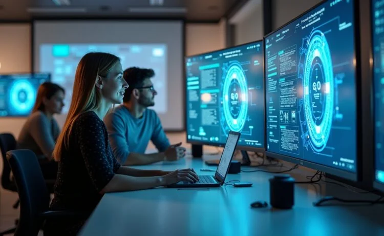 Ein modernes, lichtdurchflutetes Büro mit freundlichen Entwickler:innen in angeregtem Austausch vor großen Bildschirmen, die komplexe KI-Daten visualisieren, vermittelt Innovationsgeist und zukunftsweisende Technologie in einem warmen, einladenden Ambiente.