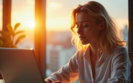 In einem hell erleuchteten, modernen Büro blickt eine empathische Frau mit beruhigender Zuversicht auf ihren Laptopbildschirm, während warme Sonnenstrahlen sanft durch die Fenster fallen und eine Atmosphäre von digitaler Wachsamkeit und vertrauensvoller Sicherheit schaffen.