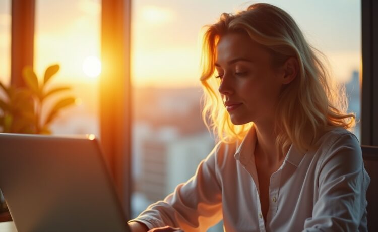 In einem hell erleuchteten, modernen Büro blickt eine empathische Frau mit beruhigender Zuversicht auf ihren Laptopbildschirm, während warme Sonnenstrahlen sanft durch die Fenster fallen und eine Atmosphäre von digitaler Wachsamkeit und vertrauensvoller Sicherheit schaffen.