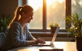 Ein hell erleuchteter, moderner Arbeitsplatz mit einer entspannten Person mittleren Alters, die aufmerksam auf einen Laptop-Bildschirm blickt, während warmes Tageslicht durch ein großes Fenster fällt und ein Gefühl von achtsamer Vorsicht und digitaler Sicherheit vermittelt.