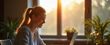Ein hell erleuchteter, moderner Arbeitsplatz mit einer entspannten Person mittleren Alters, die aufmerksam auf einen Laptop-Bildschirm blickt, während warmes Tageslicht durch ein großes Fenster fällt und ein Gefühl von achtsamer Vorsicht und digitaler Sicherheit vermittelt.