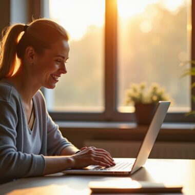 Ein hell erleuchteter, moderner Arbeitsplatz mit einer entspannten Person mittleren Alters, die aufmerksam auf einen Laptop-Bildschirm blickt, während warmes Tageslicht durch ein großes Fenster fällt und ein Gefühl von achtsamer Vorsicht und digitaler Sicherheit vermittelt.