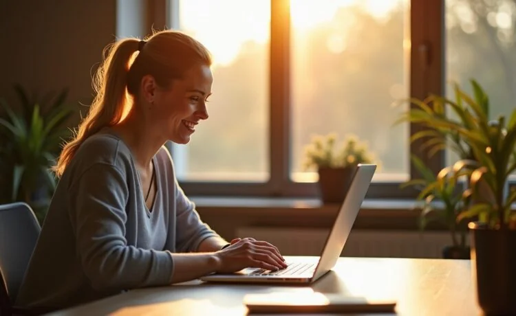 Ein hell erleuchteter, moderner Arbeitsplatz mit einer entspannten Person mittleren Alters, die aufmerksam auf einen Laptop-Bildschirm blickt, während warmes Tageslicht durch ein großes Fenster fällt und ein Gefühl von achtsamer Vorsicht und digitaler Sicherheit vermittelt.