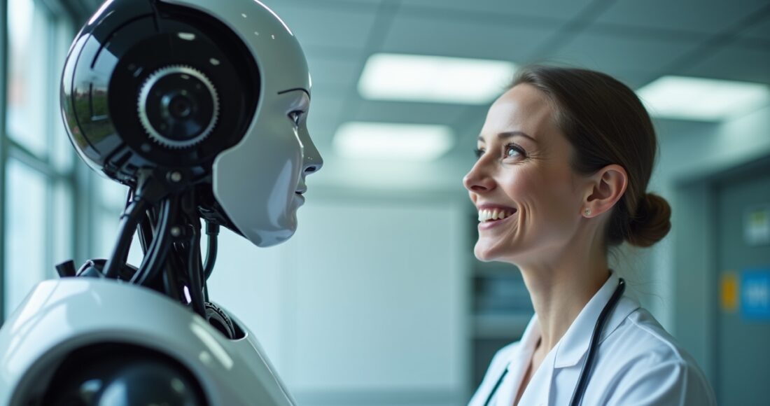 In einem hell erleuchteten, modernen Labor wirkt ein humanoider Roboter mit sanften Gesichtszügen aufmerksam und präsent, während eine Expertin ihn mit freundlichem Lächeln unter natürlichem Tageslicht prüfend betrachtet – eine harmonische Szene, die technologische Innovation und menschliche Fürsorge vereint und zugleich die sensible Herausforderung von Sicherheit und Kontrolle in der Robotik betont.