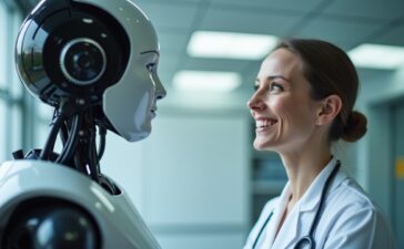 In einem hell erleuchteten, modernen Labor wirkt ein humanoider Roboter mit sanften Gesichtszügen aufmerksam und präsent, während eine Expertin ihn mit freundlichem Lächeln unter natürlichem Tageslicht prüfend betrachtet – eine harmonische Szene, die technologische Innovation und menschliche Fürsorge vereint und zugleich die sensible Herausforderung von Sicherheit und Kontrolle in der Robotik betont.