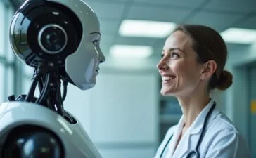 In einem hell erleuchteten, modernen Labor wirkt ein humanoider Roboter mit sanften Gesichtszügen aufmerksam und präsent, während eine Expertin ihn mit freundlichem Lächeln unter natürlichem Tageslicht prüfend betrachtet – eine harmonische Szene, die technologische Innovation und menschliche Fürsorge vereint und zugleich die sensible Herausforderung von Sicherheit und Kontrolle in der Robotik betont.