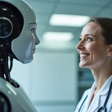 In einem hell erleuchteten, modernen Labor wirkt ein humanoider Roboter mit sanften Gesichtszügen aufmerksam und präsent, während eine Expertin ihn mit freundlichem Lächeln unter natürlichem Tageslicht prüfend betrachtet – eine harmonische Szene, die technologische Innovation und menschliche Fürsorge vereint und zugleich die sensible Herausforderung von Sicherheit und Kontrolle in der Robotik betont.