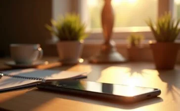 Ein strahlend helles, editorial inszeniertes Foto eines modernen Samsung Galaxy A54 Smartphones auf einem warm beleuchteten Holzschreibtisch, umgeben von entspannter Alltagsatmosphäre mit weichem Tageslicht, das sanft auf das Display fällt und so die Bedeutung aktueller Sicherheitsupdates und digitaler Vorsorge lebendig und sympathisch vermittelt.