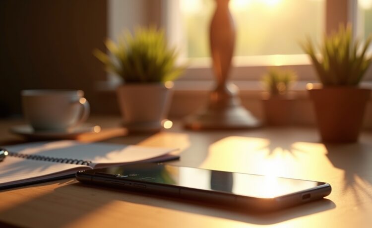 Ein strahlend helles, editorial inszeniertes Foto eines modernen Samsung Galaxy A54 Smartphones auf einem warm beleuchteten Holzschreibtisch, umgeben von entspannter Alltagsatmosphäre mit weichem Tageslicht, das sanft auf das Display fällt und so die Bedeutung aktueller Sicherheitsupdates und digitaler Vorsorge lebendig und sympathisch vermittelt.