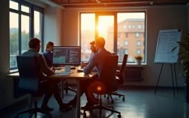 Ein heller, einladender Büroraum mit mehreren IT-Experten, die konzentriert vor modernen Monitoren sitzen und gemeinsam an Sicherheitskonzepten für komplexe IT-Infrastrukturen arbeiten, während warmes Tageslicht durch große Fenster die Szene sanft erleuchtet und eine Atmosphäre von Vertrauen und Zuversicht schafft.