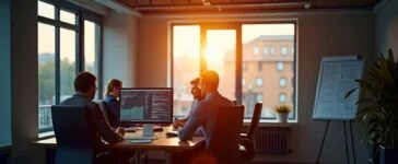 Ein heller, einladender Büroraum mit mehreren IT-Experten, die konzentriert vor modernen Monitoren sitzen und gemeinsam an Sicherheitskonzepten für komplexe IT-Infrastrukturen arbeiten, während warmes Tageslicht durch große Fenster die Szene sanft erleuchtet und eine Atmosphäre von Vertrauen und Zuversicht schafft.
