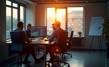 Ein heller, einladender Büroraum mit mehreren IT-Experten, die konzentriert vor modernen Monitoren sitzen und gemeinsam an Sicherheitskonzepten für komplexe IT-Infrastrukturen arbeiten, während warmes Tageslicht durch große Fenster die Szene sanft erleuchtet und eine Atmosphäre von Vertrauen und Zuversicht schafft.