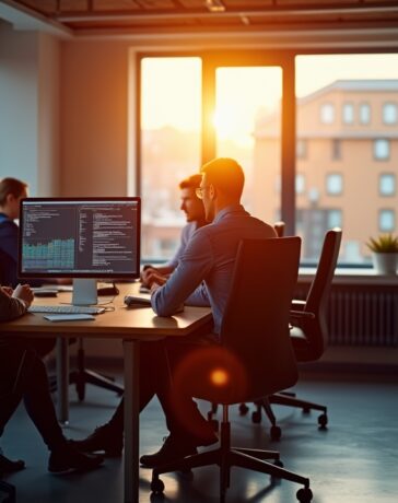 Ein heller, einladender Büroraum mit mehreren IT-Experten, die konzentriert vor modernen Monitoren sitzen und gemeinsam an Sicherheitskonzepten für komplexe IT-Infrastrukturen arbeiten, während warmes Tageslicht durch große Fenster die Szene sanft erleuchtet und eine Atmosphäre von Vertrauen und Zuversicht schafft.