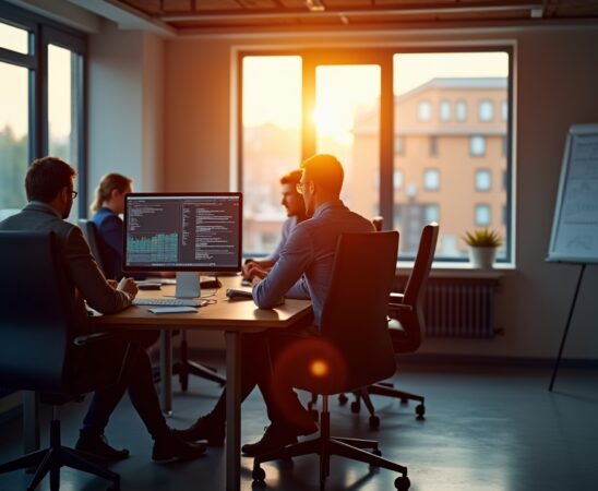 Ein heller, einladender Büroraum mit mehreren IT-Experten, die konzentriert vor modernen Monitoren sitzen und gemeinsam an Sicherheitskonzepten für komplexe IT-Infrastrukturen arbeiten, während warmes Tageslicht durch große Fenster die Szene sanft erleuchtet und eine Atmosphäre von Vertrauen und Zuversicht schafft.
