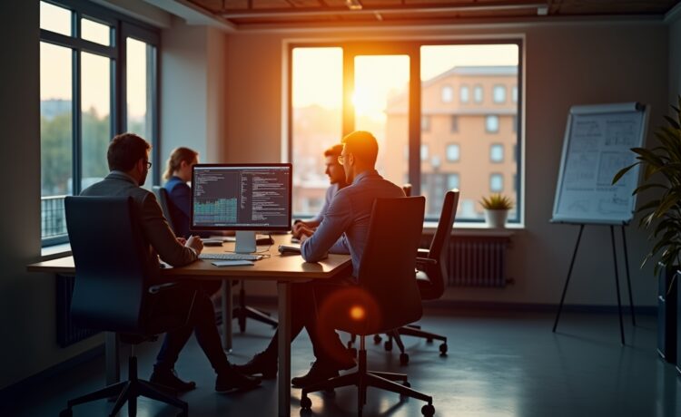 Ein heller, einladender Büroraum mit mehreren IT-Experten, die konzentriert vor modernen Monitoren sitzen und gemeinsam an Sicherheitskonzepten für komplexe IT-Infrastrukturen arbeiten, während warmes Tageslicht durch große Fenster die Szene sanft erleuchtet und eine Atmosphäre von Vertrauen und Zuversicht schafft.