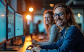 Ein hell ausgeleuchtetes, modernes Büro mit konzentrierten IT-Profis an mehreren Bildschirmen, deren freundliche Gesichter in warmes Tageslicht getaucht sind, während im Hintergrund dezente technische Geräte und digitale Sicherheitssymbole subtil die Dringlichkeit von Cybersicherheit vermitteln.