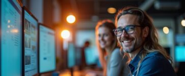 Ein hell ausgeleuchtetes, modernes Büro mit konzentrierten IT-Profis an mehreren Bildschirmen, deren freundliche Gesichter in warmes Tageslicht getaucht sind, während im Hintergrund dezente technische Geräte und digitale Sicherheitssymbole subtil die Dringlichkeit von Cybersicherheit vermitteln.