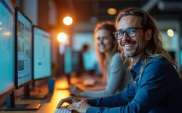 Ein hell ausgeleuchtetes, modernes Büro mit konzentrierten IT-Profis an mehreren Bildschirmen, deren freundliche Gesichter in warmes Tageslicht getaucht sind, während im Hintergrund dezente technische Geräte und digitale Sicherheitssymbole subtil die Dringlichkeit von Cybersicherheit vermitteln.