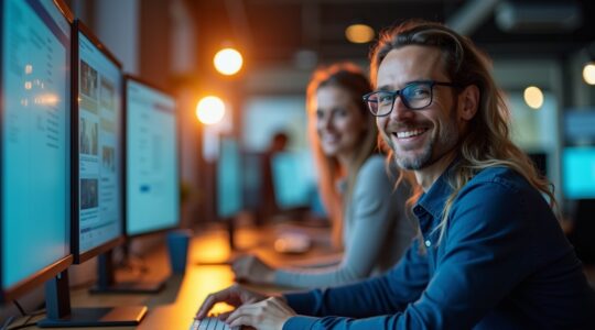 Ein hell ausgeleuchtetes, modernes Büro mit konzentrierten IT-Profis an mehreren Bildschirmen, deren freundliche Gesichter in warmes Tageslicht getaucht sind, während im Hintergrund dezente technische Geräte und digitale Sicherheitssymbole subtil die Dringlichkeit von Cybersicherheit vermitteln.