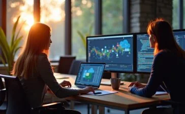 Ein lichtdurchfluteter, moderner Büroarbeitsplatz mit konzentrierter Teamarbeit an mehreren Bildschirmen, die komplexe Cloud-Infrastruktur visualisieren, umgeben von warmem Holz und sanftem Tageslicht, das eine freundliche, produktive Atmosphäre für innovative Kubernetes-Entwicklung schafft.