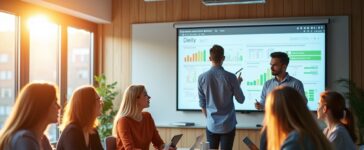 Ein hell erleuchteter, moderner Arbeitsraum voller engagierter Entwickler:innen und Fachleute, die bei natürlichem Tageslicht gemeinsam an einem digitalen Whiteboard komplexe Fachmodelle und Softwarelösungen besprechen, während warme Holzakzente und freundliche Mimik eine vertraute Atmosphäre des echten Verständnisses und kreativen Austauschs schaffen.
