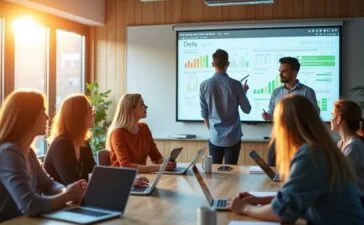 Ein hell erleuchteter, moderner Arbeitsraum voller engagierter Entwickler:innen und Fachleute, die bei natürlichem Tageslicht gemeinsam an einem digitalen Whiteboard komplexe Fachmodelle und Softwarelösungen besprechen, während warme Holzakzente und freundliche Mimik eine vertraute Atmosphäre des echten Verständnisses und kreativen Austauschs schaffen.