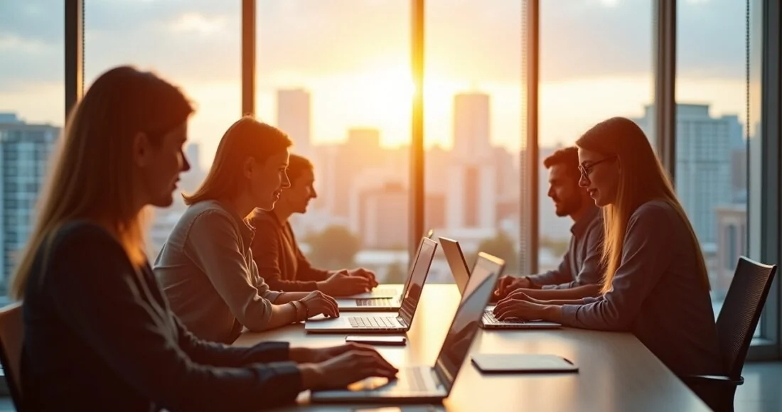 Ein strahlendes, warm beleuchtetes Büro mit einem diversen Team aus Fachleuten in moderner Business-Kleidung, die konzentriert an Laptops und digitalen Tablets zusammenarbeiten – im Hintergrund große Fenster geben den Blick auf eine helle Stadtlandschaft frei, während natürliches Tageslicht eine freundliche, kooperative Atmosphäre schafft und die dynamische Vernetzung strategischer Cloud-Partnerschaften symbolisiert.