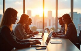 Ein strahlendes, warm beleuchtetes Büro mit einem diversen Team aus Fachleuten in moderner Business-Kleidung, die konzentriert an Laptops und digitalen Tablets zusammenarbeiten – im Hintergrund große Fenster geben den Blick auf eine helle Stadtlandschaft frei, während natürliches Tageslicht eine freundliche, kooperative Atmosphäre schafft und die dynamische Vernetzung strategischer Cloud-Partnerschaften symbolisiert.
