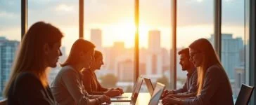 Ein strahlendes, warm beleuchtetes Büro mit einem diversen Team aus Fachleuten in moderner Business-Kleidung, die konzentriert an Laptops und digitalen Tablets zusammenarbeiten – im Hintergrund große Fenster geben den Blick auf eine helle Stadtlandschaft frei, während natürliches Tageslicht eine freundliche, kooperative Atmosphäre schafft und die dynamische Vernetzung strategischer Cloud-Partnerschaften symbolisiert.