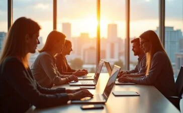 Ein strahlendes, warm beleuchtetes Büro mit einem diversen Team aus Fachleuten in moderner Business-Kleidung, die konzentriert an Laptops und digitalen Tablets zusammenarbeiten – im Hintergrund große Fenster geben den Blick auf eine helle Stadtlandschaft frei, während natürliches Tageslicht eine freundliche, kooperative Atmosphäre schafft und die dynamische Vernetzung strategischer Cloud-Partnerschaften symbolisiert.