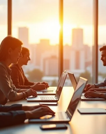 Ein strahlendes, warm beleuchtetes Büro mit einem diversen Team aus Fachleuten in moderner Business-Kleidung, die konzentriert an Laptops und digitalen Tablets zusammenarbeiten – im Hintergrund große Fenster geben den Blick auf eine helle Stadtlandschaft frei, während natürliches Tageslicht eine freundliche, kooperative Atmosphäre schafft und die dynamische Vernetzung strategischer Cloud-Partnerschaften symbolisiert.