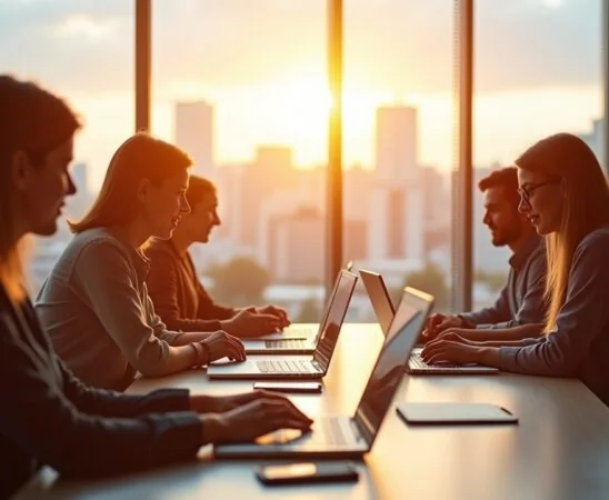 Ein strahlendes, warm beleuchtetes Büro mit einem diversen Team aus Fachleuten in moderner Business-Kleidung, die konzentriert an Laptops und digitalen Tablets zusammenarbeiten – im Hintergrund große Fenster geben den Blick auf eine helle Stadtlandschaft frei, während natürliches Tageslicht eine freundliche, kooperative Atmosphäre schafft und die dynamische Vernetzung strategischer Cloud-Partnerschaften symbolisiert.