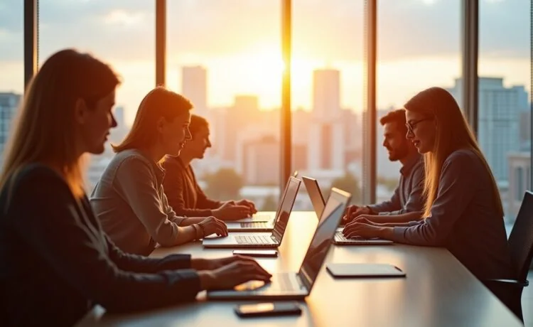 Ein strahlendes, warm beleuchtetes Büro mit einem diversen Team aus Fachleuten in moderner Business-Kleidung, die konzentriert an Laptops und digitalen Tablets zusammenarbeiten – im Hintergrund große Fenster geben den Blick auf eine helle Stadtlandschaft frei, während natürliches Tageslicht eine freundliche, kooperative Atmosphäre schafft und die dynamische Vernetzung strategischer Cloud-Partnerschaften symbolisiert.
